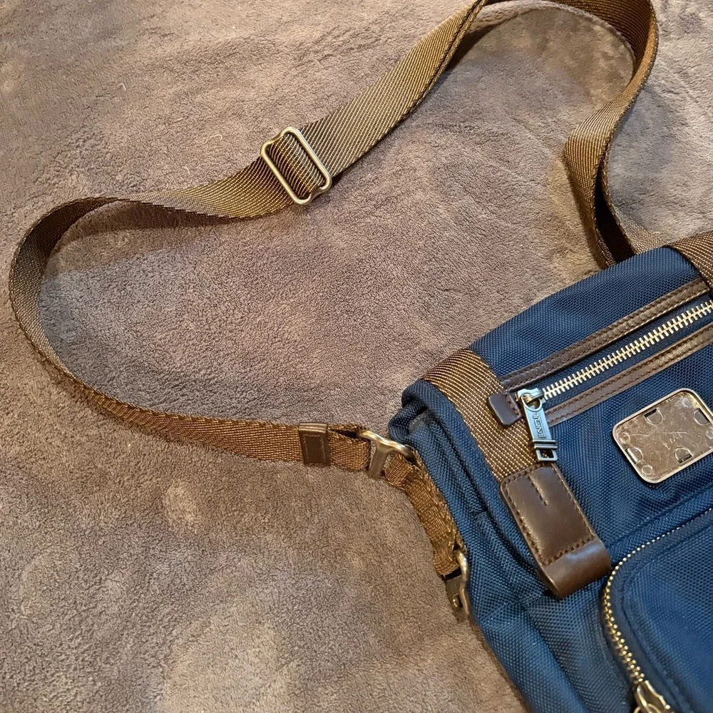 Tumi Blue Messenger Bag with Brown Trim